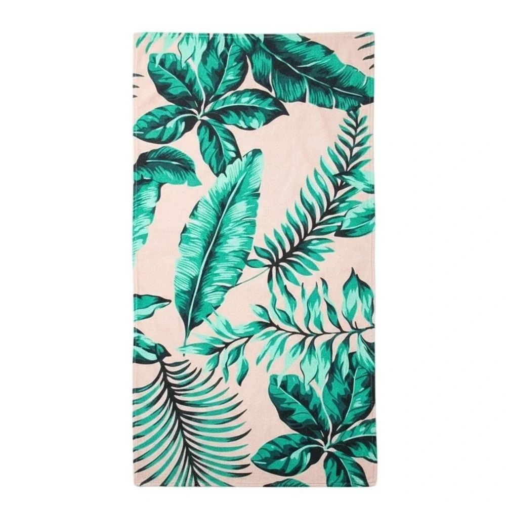 Tropical Leaf Print Beach Blanket‎ or Yoga quick dry Pink Green Large Vacation